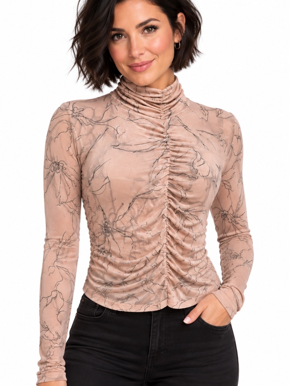 Ruched Sheer Mock Neck Long Sleeve Top - Blush Large